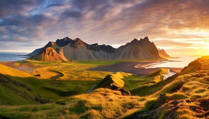 Wall Mural - beautiful view of iceland mountains at sunset