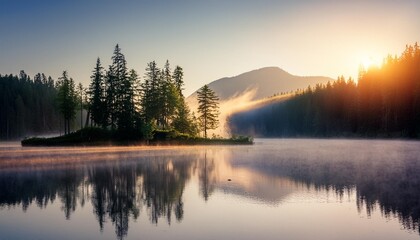 Wall Mural - morning fog on the lake sunrise shot