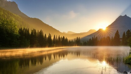 Wall Mural - a serene mountain lake at sunrise with mist rising from the water s surface and the surrounding peaks bathed in soft golden light capturing the tranquility and majesty of nature
