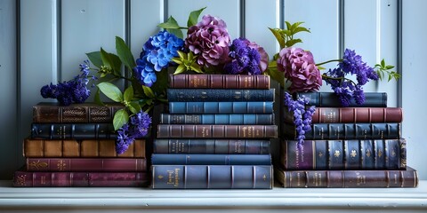 Wall Mural - Vintage Book Stack with Floral Decoration: A Mockup on a White Wall. Concept Vintage, Books, Floral, Decoration, Mockup, White Wall