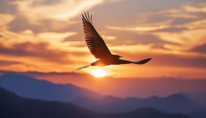 Wall Mural - bird flying sunset flight silhouette soaring beautiful sky inspirational banner header sunrise