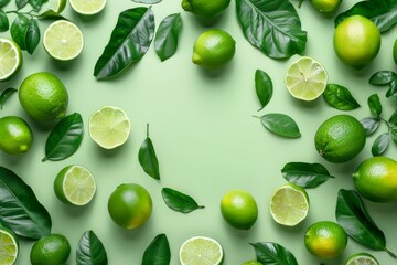 Fresh green limes overhead view - flat lay, limon