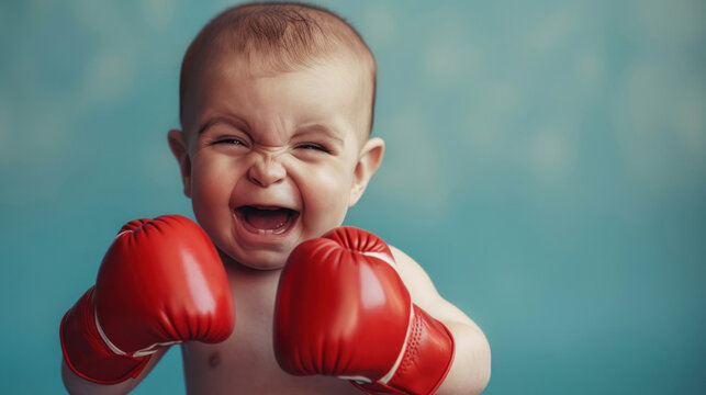 Happy baby with red boxing gloves against a light blue background