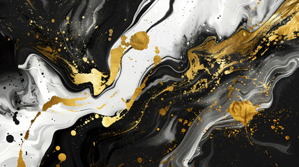 Wall Mural - Abstract acrylic texture background fluid art black white and gold splatter paint mixing paint effect generative ai.