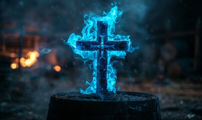 Wall Mural - a large Christian cross burning with blue fire, placed on a barrel in the background, placed on one side, and the other place free for text 