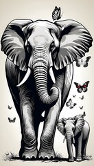 Canvas Print - AI generated illustration of Mother elephant and calf strolling amid fluttering butterflies