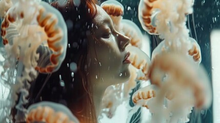Wall Mural -   A woman examining red-hair jellyfish in an aquarium shop window during rainy weather