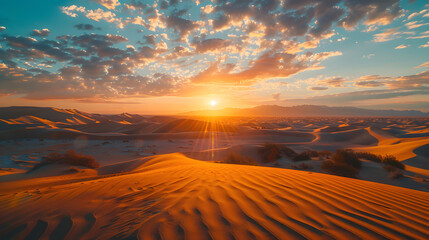 A desert landscape with a beautiful sunset in the background