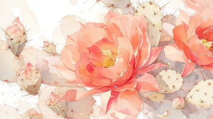 Wall Mural - An exquisite watercolor illustration showcasing the composition of a cactus flower delicately painted by hand