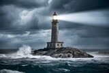 Fototapeta Morze - Resilient lighthouse standing tall on rocky outcrop, emitting powerful light against stormy seas