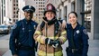 © yisby - a police officer, a firefighter, and a female paramedic. They look happy and relaxed because they have completed their work, public safety agents