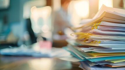 Poster - Piles of paperwork on a desk with soft morning light in the background. Overwhelming workload.