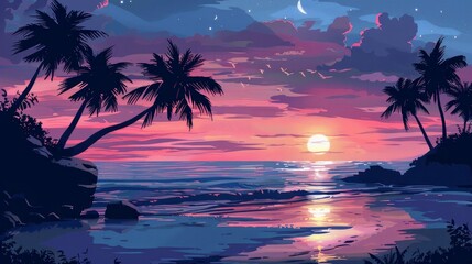 Wall Mural - Serene beach scene at dusk with palm trees silhouetted