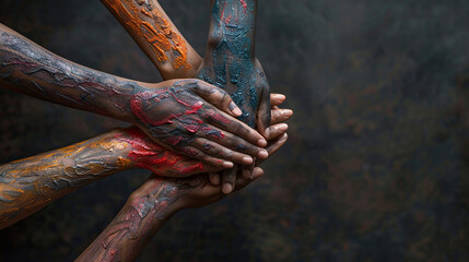 Wall Mural - concept of Belonging Inclusion Diversity Equity DEIB or lgbtq, group of multicolor painted people hands of different cultures and skin, on background	
