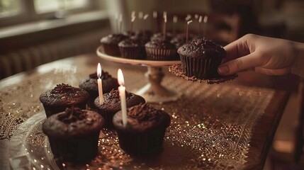   A person holds a chocolate cupcake in front of lit candles on a table with cupcakes