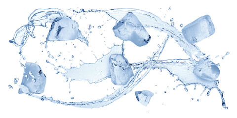 Wall Mural - Ice cubes and splashing water in air on white background