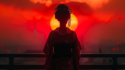 elegant geisha sunset, a geishas silhouette against the setting sun captures the enduring charm and enigma of japanese geisha tradition