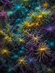 Poster - Vibrant coral reef thrives underwater, displaying spectrum of colors with soft corals, predominantly dendronephthya, exhibiting tree-like structures, feathery polyps.