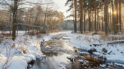 Wall Mural - cold river in winter landscape with forest