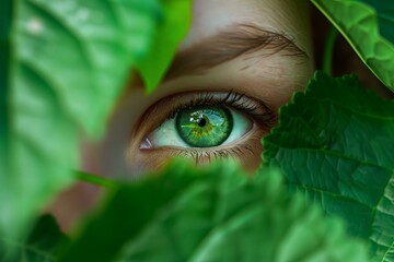 Canvas Print - Closeup of a single eye peering through lush green foliage, highlighting the beauty of nature