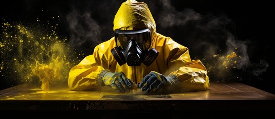 Man in gas mask and yellow smoke on dark background.