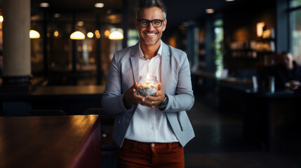 Smiling man in smart casual attire offering a delicious dessert in a warmly-lit casual cafe