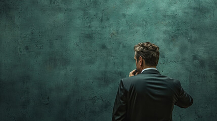 rear or back view of a businessman on phone call wearing blazer three piece suit, abstract wall back