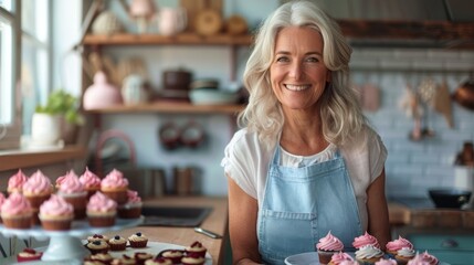 Smiling mature woman baking cupcakes in a cozy kitchen, showcasing delicious homemade treats with a warm and inviting atmosphere.
