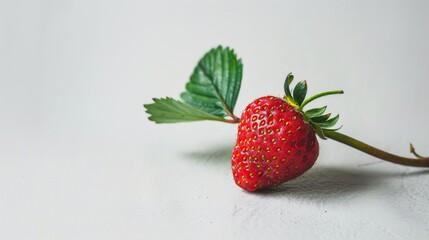 Wall Mural - Isolated fresh strawberry with a green leaf on a branch against a white background