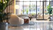 © Prostock-studio - A modern hotel lobby featuring a cozy seating area with plush chairs and natural light streaming through large windows, creating a welcoming atmosphere.