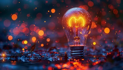 Wall Mural - A light bulb glowing with colorful light particles on a dark background, concept of an innovative idea and creative thinking for business success in the digital age. 