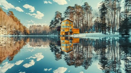 Wall Mural -   A yellow house perched atop a serene lake, nestled amidst a verdant forest brimming with towering trees on a bright summer's day