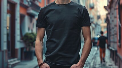 A mockup of an athletic man wearing a black t-shirt, with a street background, hands in pockets, front view, closeup