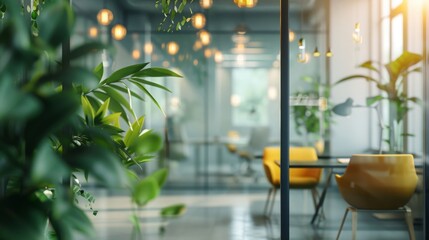 Wall Mural - Sunlit modern office features green plants and vibrant yellow chairs, creating a fresh, inviting workspace.