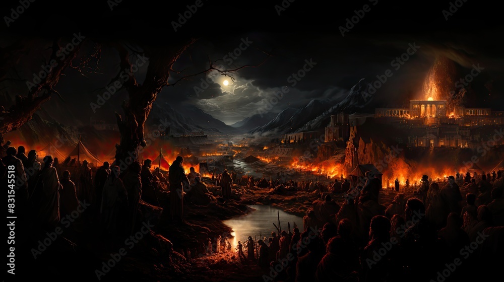 An elaborate fantasy artwork depicting a besieged city under a night ...