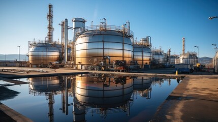 Golden sunset reflecting on large cylindrical storage tanks in an industrial facility