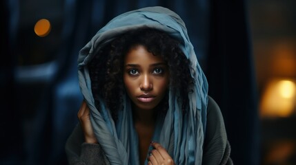 Close-up of an introspective woman wearing a hoodie, enveloped by a soft, warm light