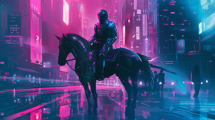 An illustration of a person riding a horse in a futuristic cityscape, the rider in sleek, futuristic armor, neon lights reflecting off buildings and the horse's metallic mane