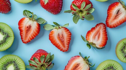 Sticker - Strawberries and sliced kiwis on a blue backdrop for printing