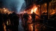 © AS Photo Family - Protestors confront a crisis amidst smoke and fire in a moody urban setting, highlighting civil unrest