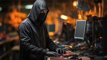 A hooded figure operating a keyboard in a dark industrial setting, implying secretive or hacker activities