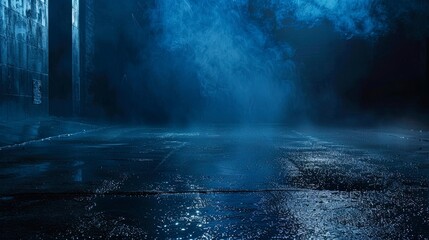 Wall Mural - dark night street, wet asphalt, neon reflection in water, smoke, smog.