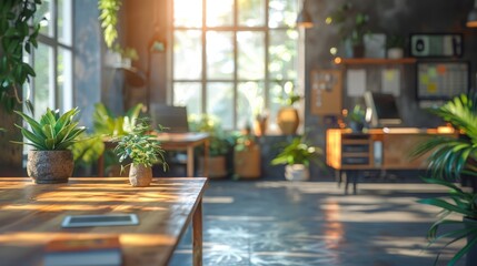 Poster - A modern office featuring large windows allowing natural light, abundant indoor plants, and wooden desks with some objects.