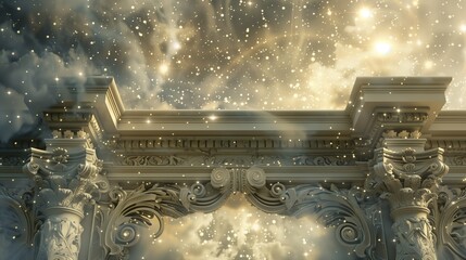 Wall Mural - a romantic entablature with dreamy nature carvings, illuminated by starlight, evokes ethereal charm.