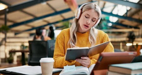 Aufkleber - Girl, thinking and student writing on campus, study and research for assignment or essay. Woman, learning and streaming podcast lecture at academy, planning and notes for knowledge at university
