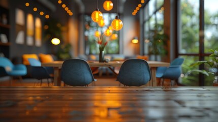 Poster - A cozy modern cafe with blue chairs, wooden tables, and warm hanging lights, providing a relaxed ambiance for evening patrons.