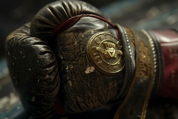 A close-up of a boxing glove with a championship belt draped over it, signifying victory.