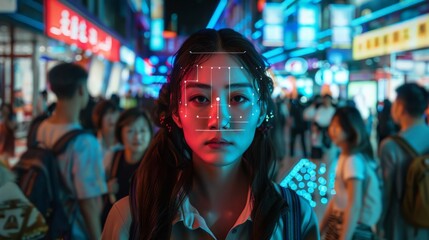 Poster - Young woman with facial recognition mapping in a busy neon-lit street. Highlights surveillance technology and urban life.