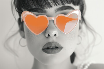 stylish woman wearing heart shaped  peach color sunglasses in a monochrome setting