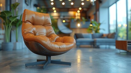 Poster - A brown leather lounge chair sits in a modern living room with large windows, plants, and a cozy ambiance.